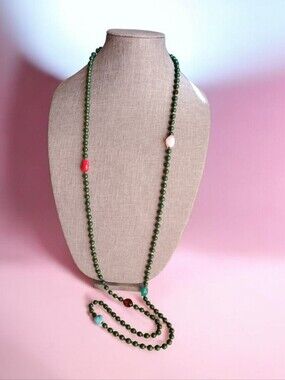 Antique Long Deep Green Beaded with Murano Glass Multicolor Accent Beads